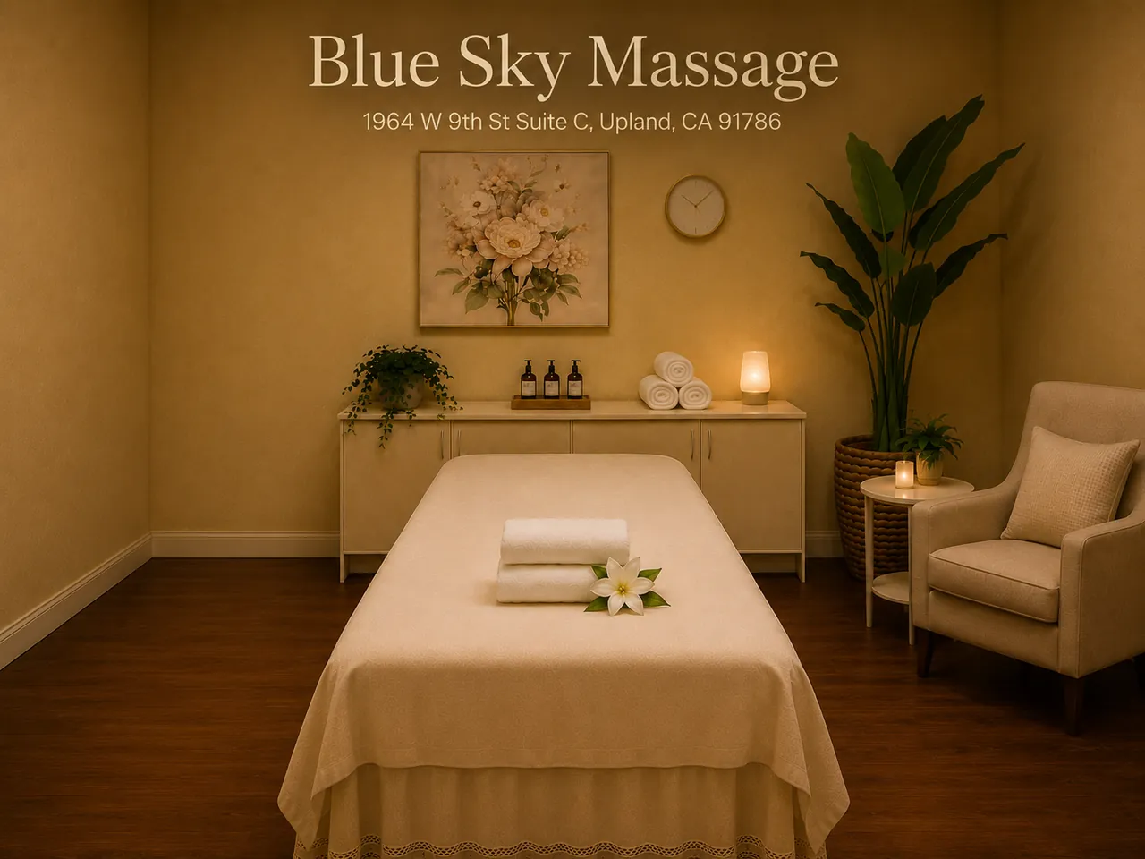 Clean private massage room at Blue Sky Massage in Upland, CA