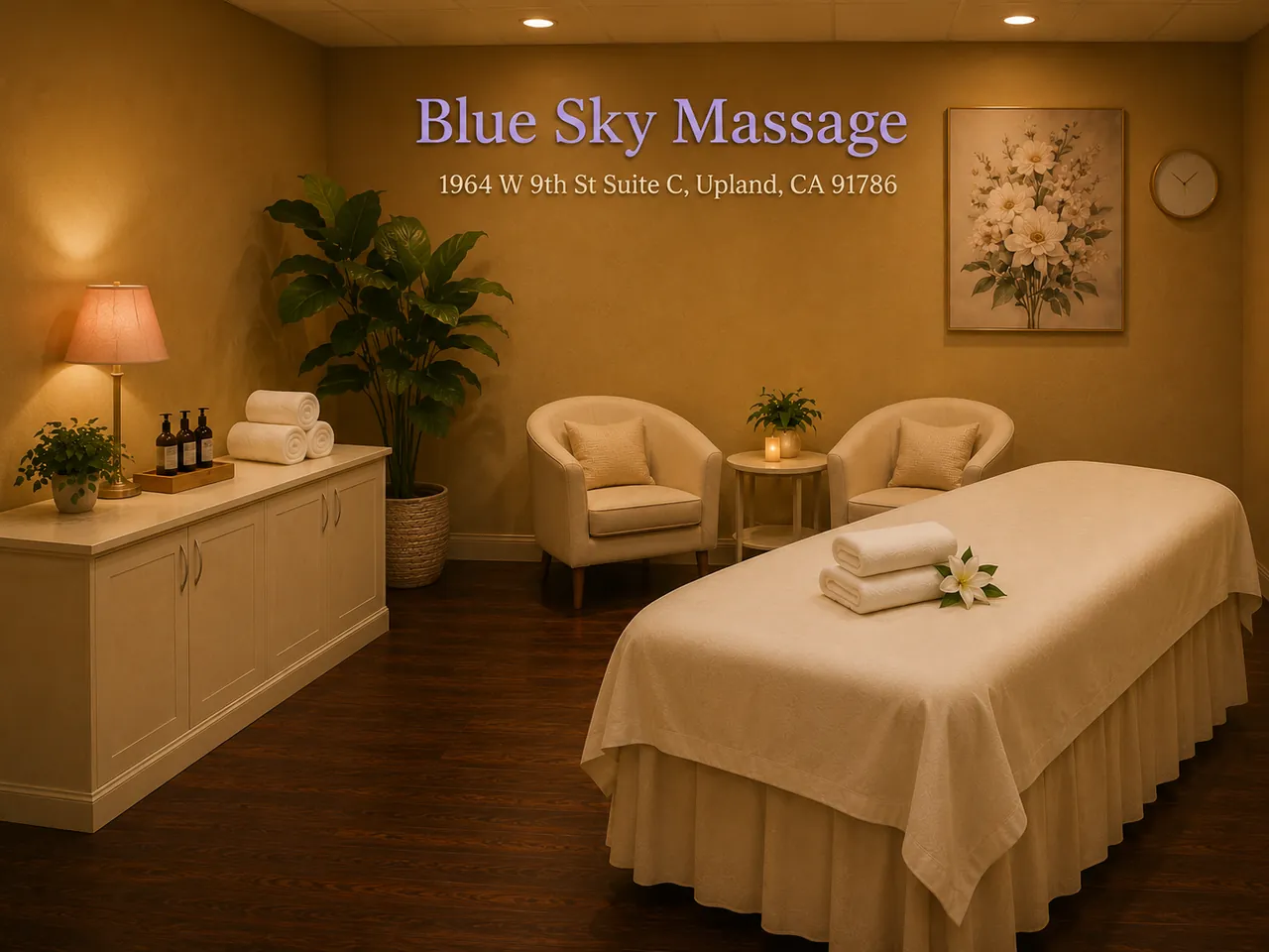 Clean, private massage room at Blue Sky Massage in Upland, CA