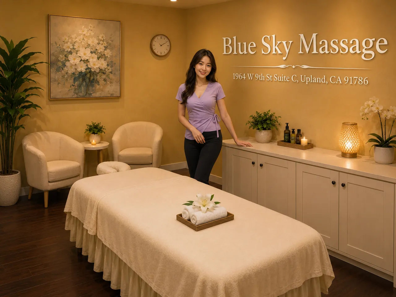 Friendly staff member beside a fresh massage table at Blue Sky Massage in Upland, CA