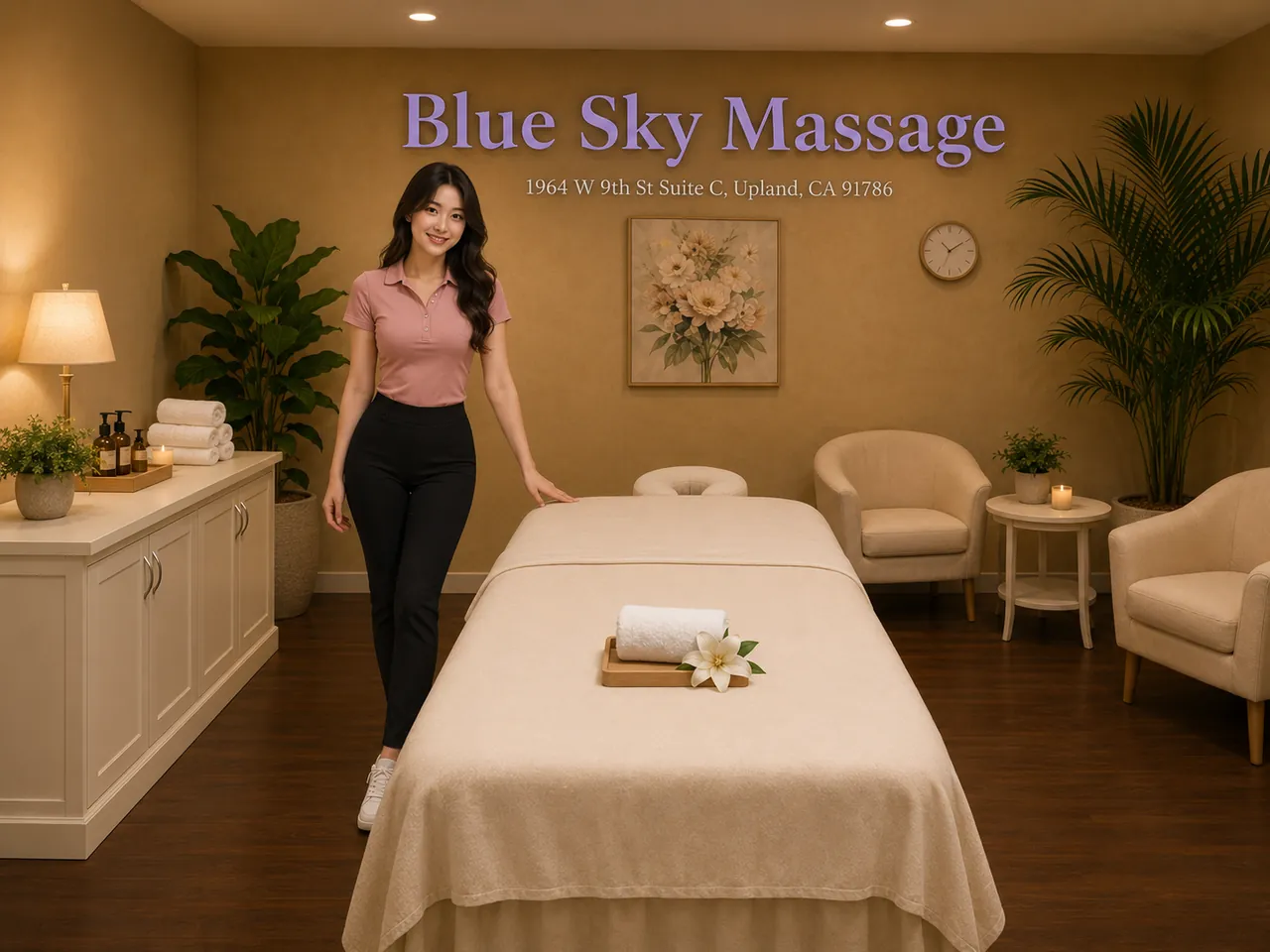 Friendly staff member in a clean private room at Blue Sky Massage in Upland, CA