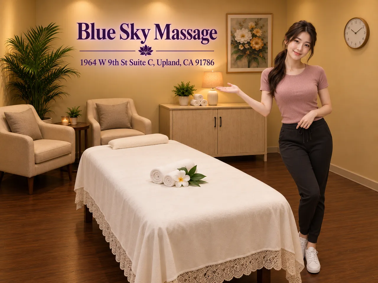 Staff member beside a fresh table before a deep tissue session at Blue Sky Massage in Upland, CA