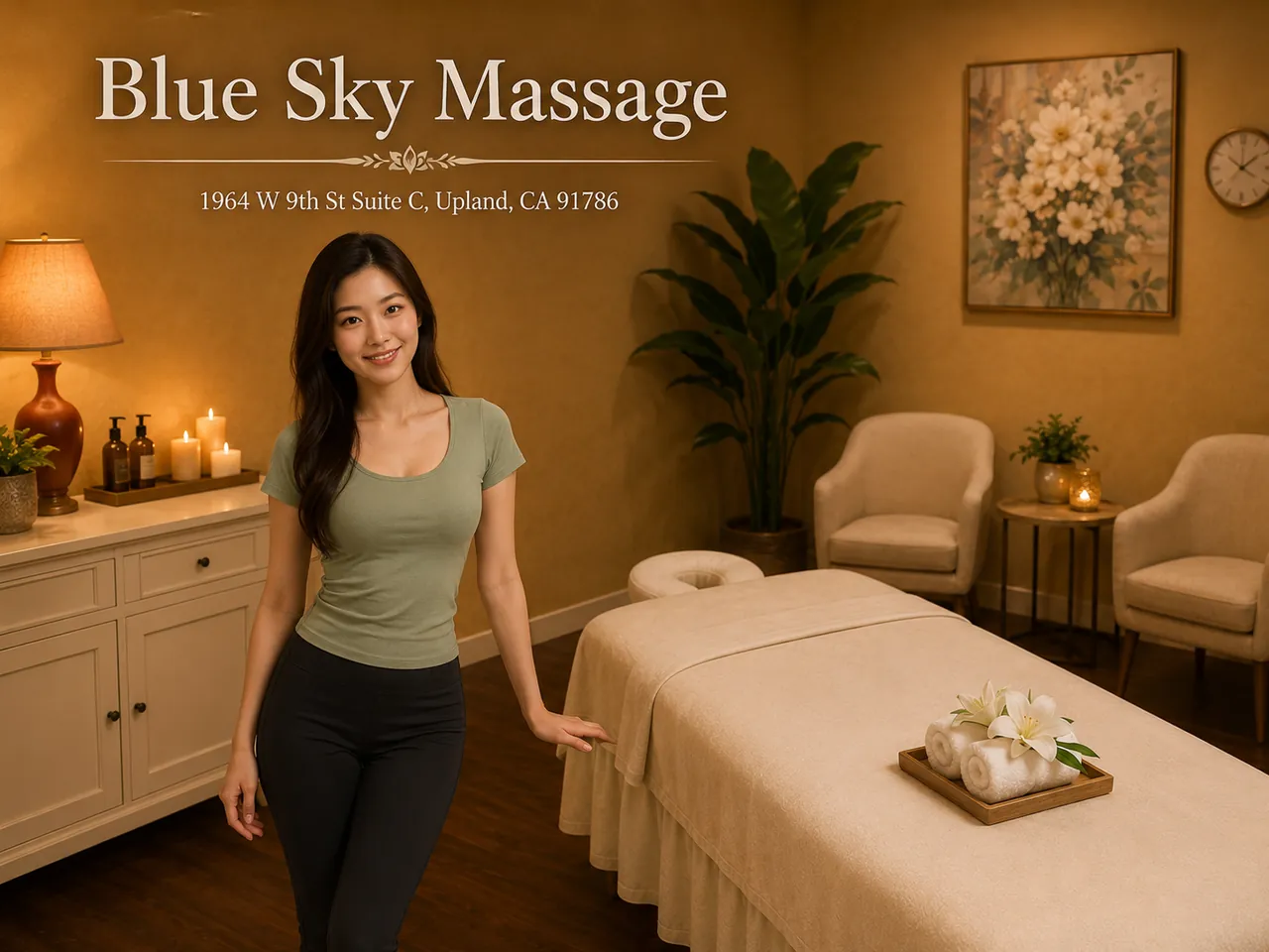 Friendly staff member beside a fresh massage table at Blue Sky Massage in Upland, CA