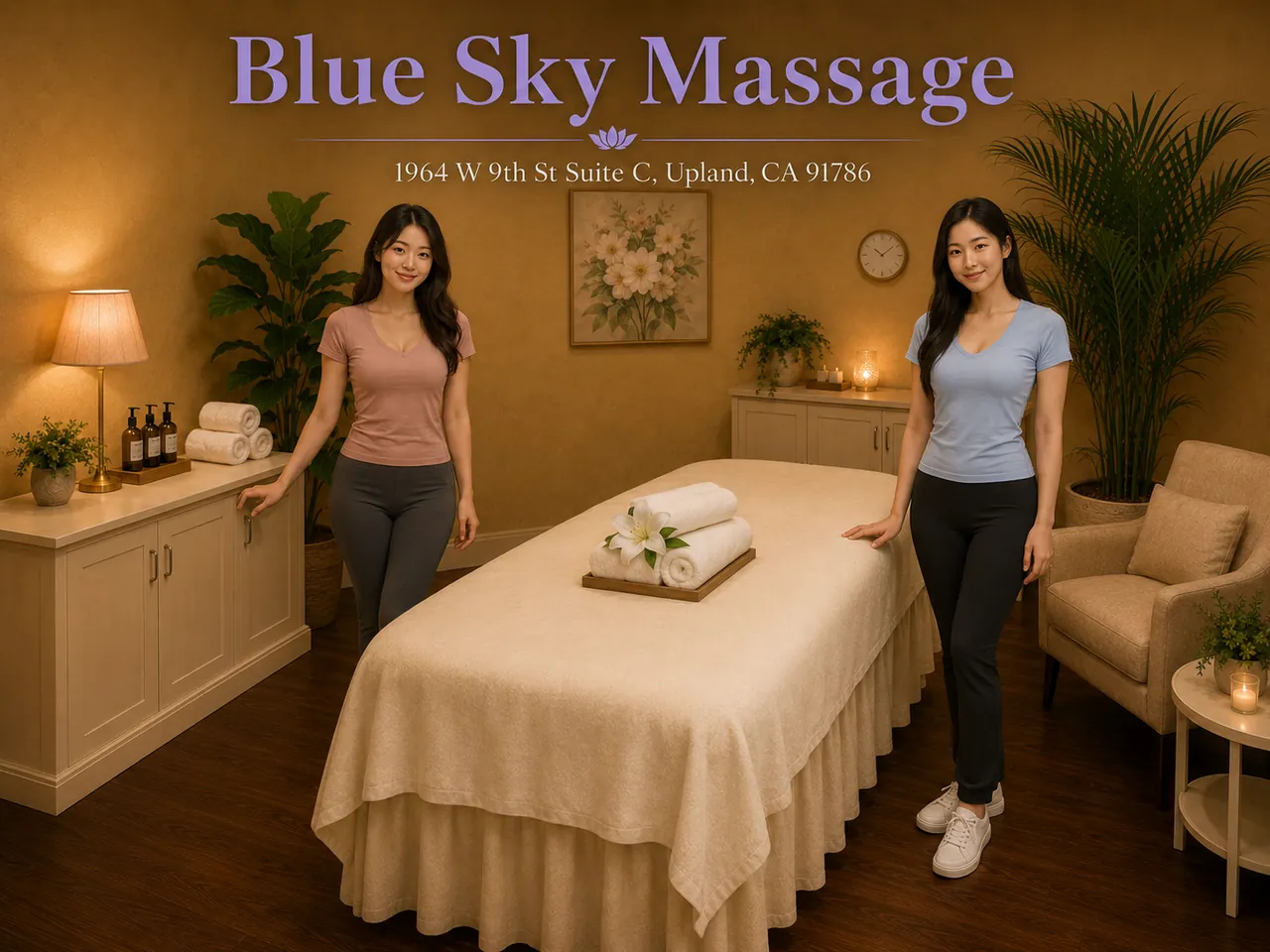 Two friendly staff members in a clean private room at Blue Sky Massage in Upland, CA