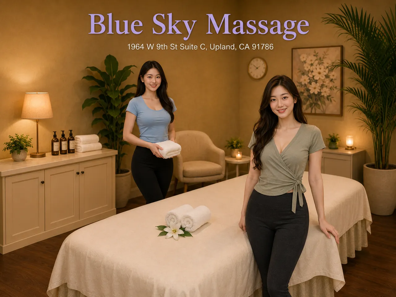 Two friendly staff members in a clean private room at Blue Sky Massage in Upland, CA