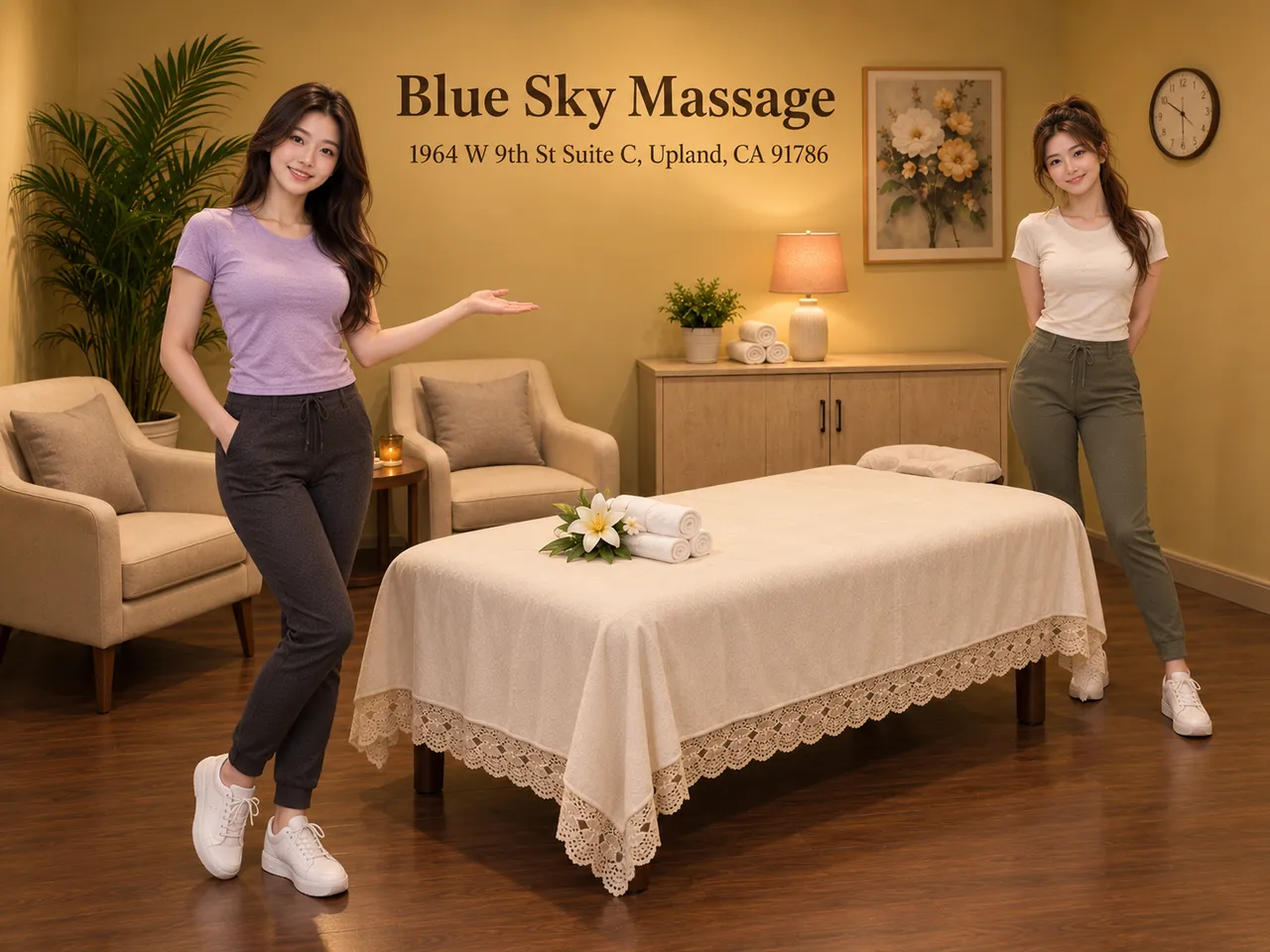 Two friendly staff members in a clean private room at Blue Sky Massage in Upland, CA
