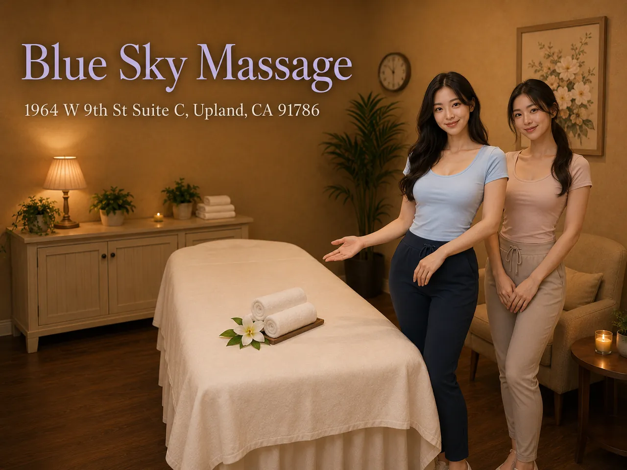 Friendly staff in a clean, private room for Trigger Point Massage at Blue Sky Massage in Upland, CA