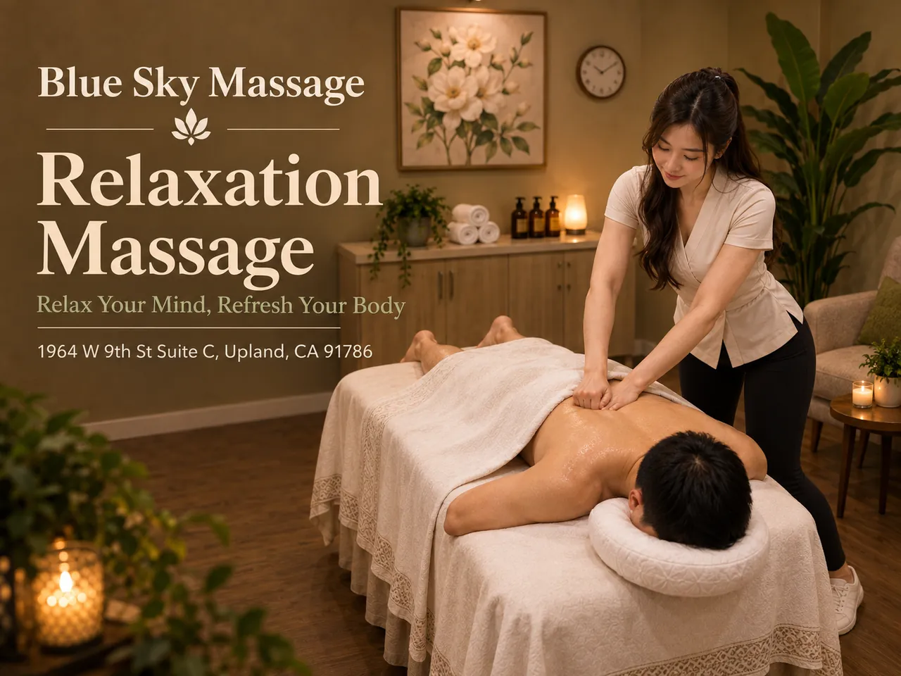 Relaxation massage with soft, slow strokes at Blue Sky Massage in Upland, CA