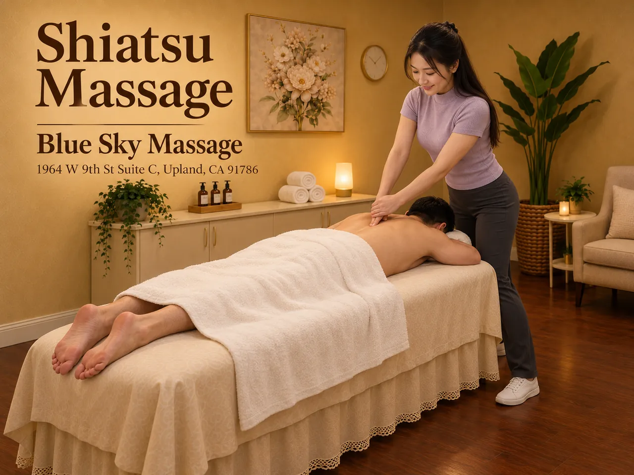 Shiatsu palm pressure along the back at Blue Sky Massage in Upland, CA