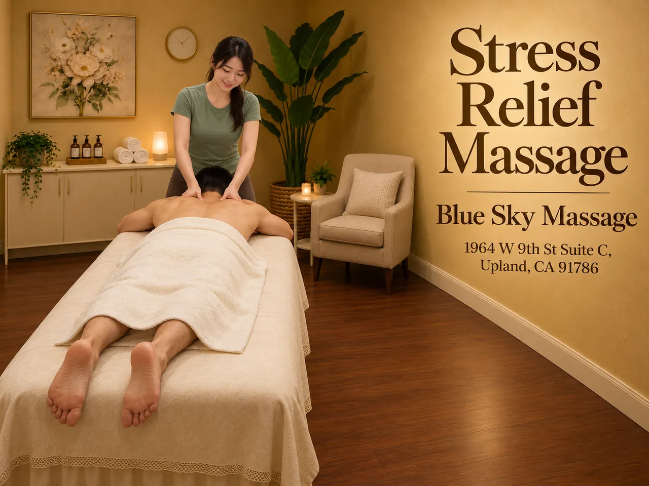 Stress relief massage on the shoulders and upper back at Blue Sky Massage in Upland, CA