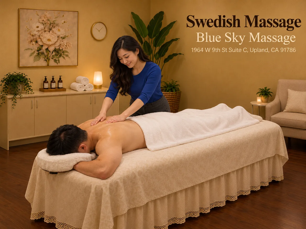 Swedish massage on the back in a private room at Blue Sky Massage in Upland, CA